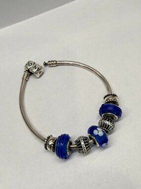 Authentic PANDORA Moments Bracelet Silver Chain Retired Blue Murano Glass Charms